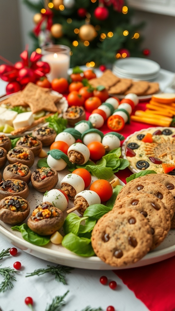 A festive vegetarian party platter with stuffed mushrooms, caprese skewers, roasted vegetable tart, and holiday cookies on a decorated table.